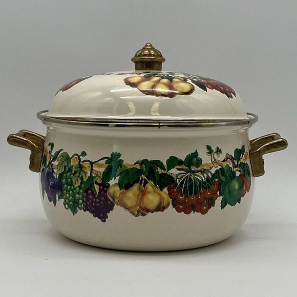 TABLETOPS UNLIMITED Pot and Lid Enamel Steel Heat Fruits Covered Serving Dish - Picture 1 of 14